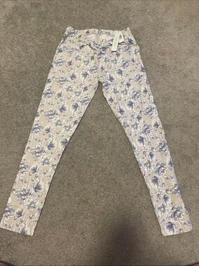 Floral Print Slim Leggings - Ivory & Blue